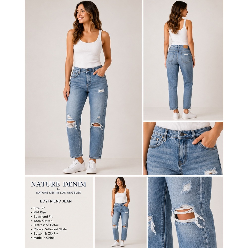 Nature Denim Jeans Medium Blue Distressed Ripped Cotton Straight Leg‎ Size 7/27